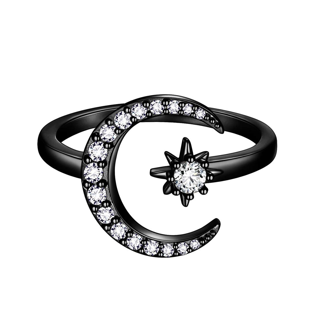 beautlace Star and Moon Adjustable Rings Black Gun Plated Crescent Moon Stars Open Ring Jewelry for Women KR0032K