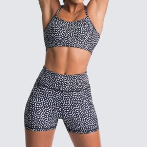 IWEMEK Women Workout Sets 2 Piece Polka Dot Print High Wasit Biker Shorts + Backless Adjustable Strap Sport Bra Yoga Outfits Exercise Running Gym Clothes Black Polka Dots Medium