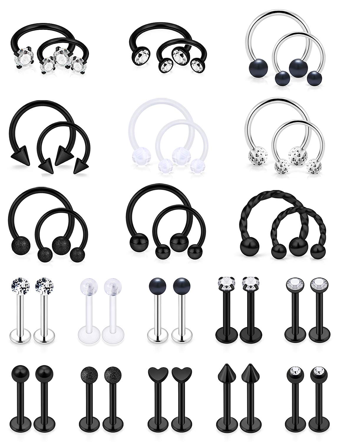 SCERRING 16g Lip Rings Stainless Steel Horseshoe Septum Nose Hoop Labret Monroe Lip Rings Nail Tragus Rook Helix Cartilage Earrings Studs Ring Medusa Piercing Jewelry 38PCS Black