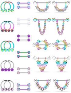 scerring 14g nipple rings 316l stainless steel cz nipplerings shield tongue barbell rings bars body piercing jewelry for women 32pcs rainbow