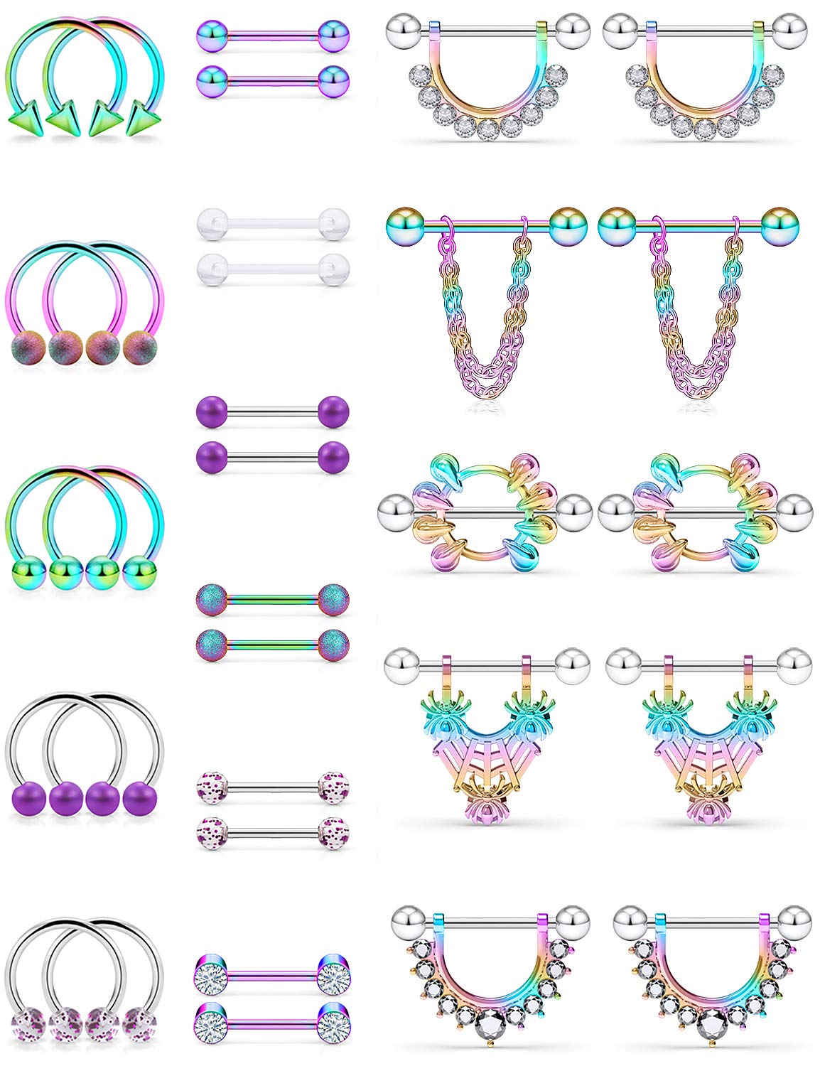 SCERRING 14G Nipple Rings 316L Stainless Steel CZ Nipplerings Shield Tongue Barbell Rings Bars Body Piercing Jewelry for Women 32PCS Rainbow