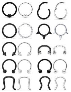 scerring 16g septum jewelry stainless steel hinged seamless nose hoop ring cartilage daith tragus clicker rings retainer body piercing jewelry 20pcs silver & black