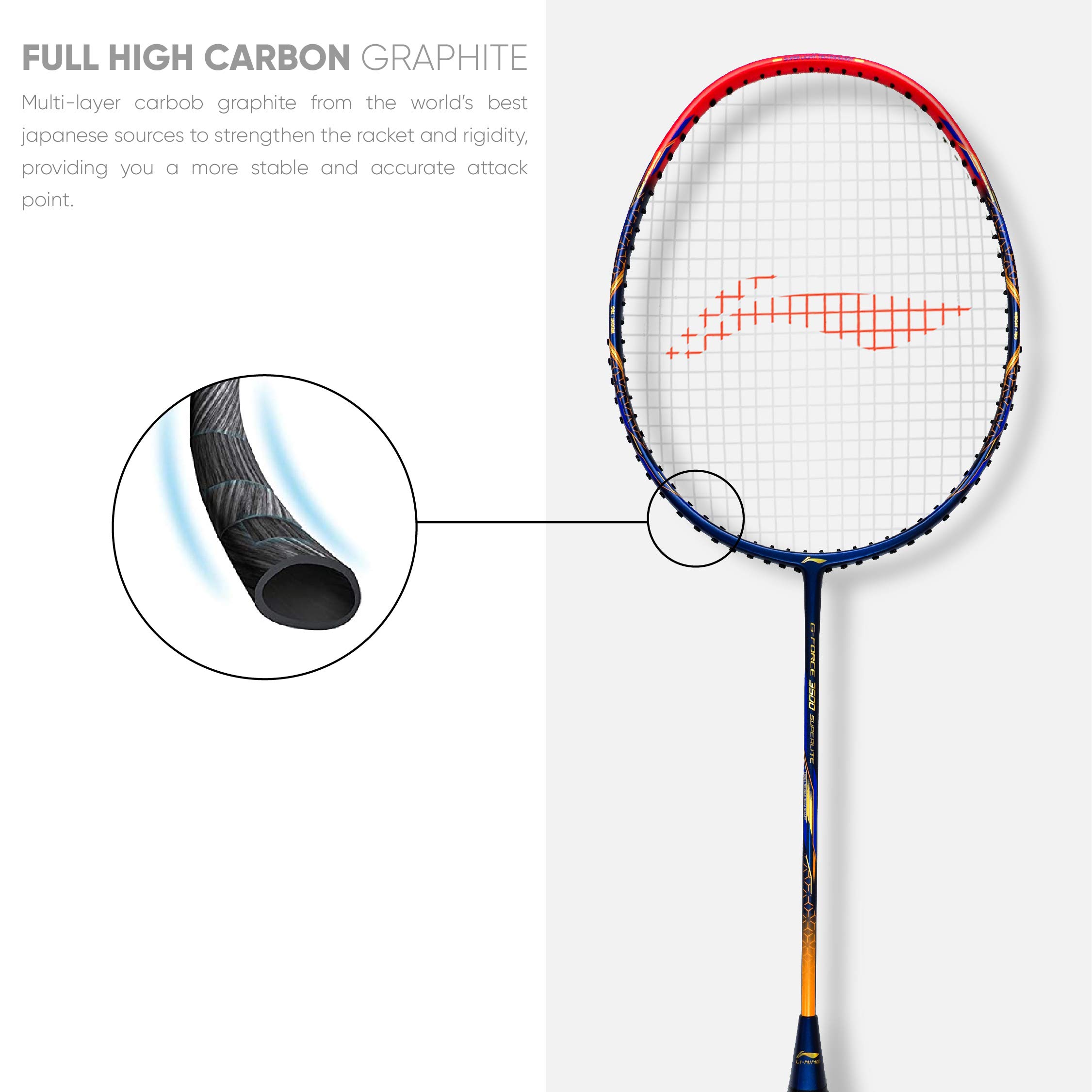 Li-Ning G-Force Superlite 3500 Carbon Fiber Unstrung Badminton Racket with Full Cover (Navy, Red) (AYPQ094-5)