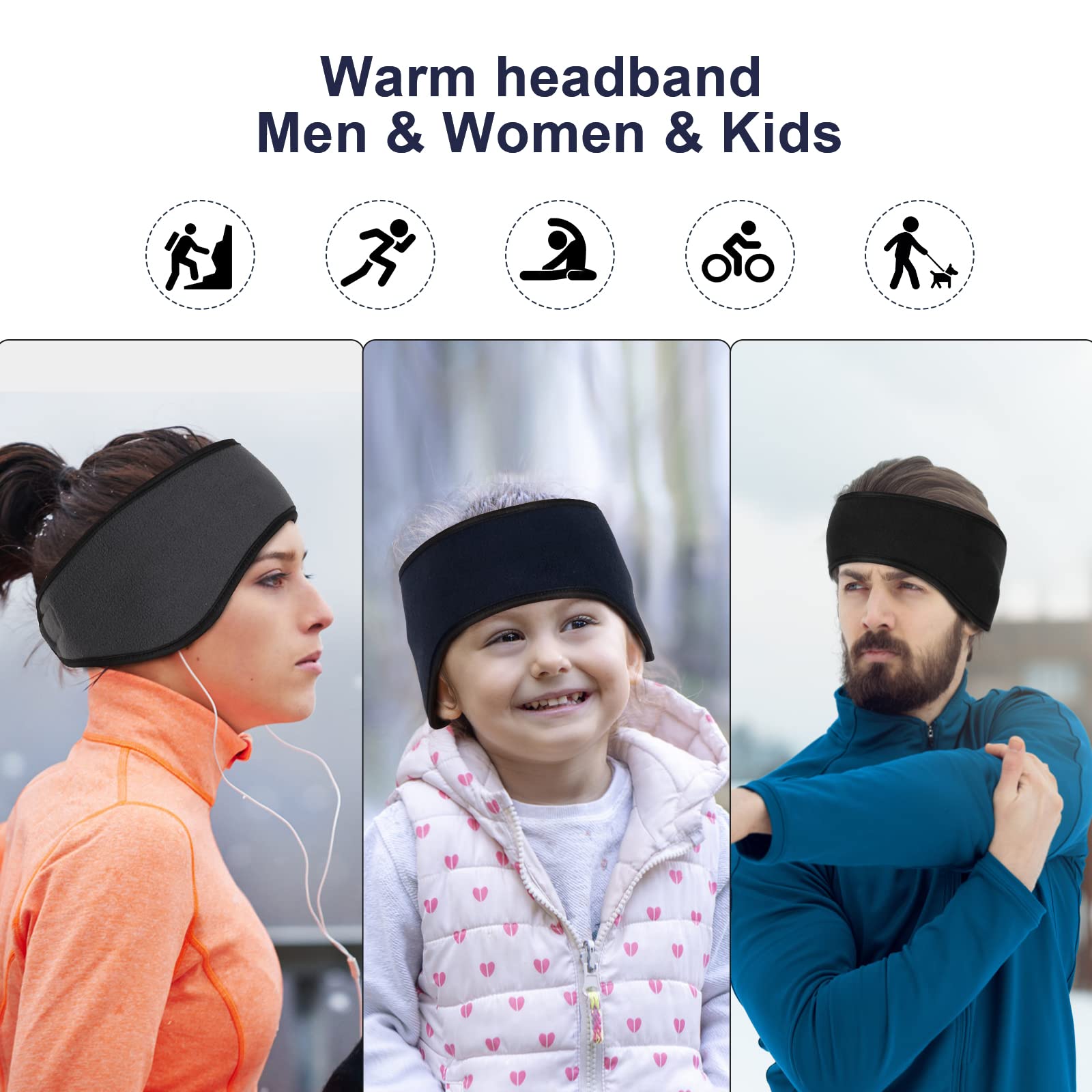 Iwtmm Ear Warmers Headband for Men Women Kids, Earmuffs Cover Winter Fleece Headbands for Running Athletic Cycling Daily Wear Yoga Skiing Riding Sports Fan, Navy Blue