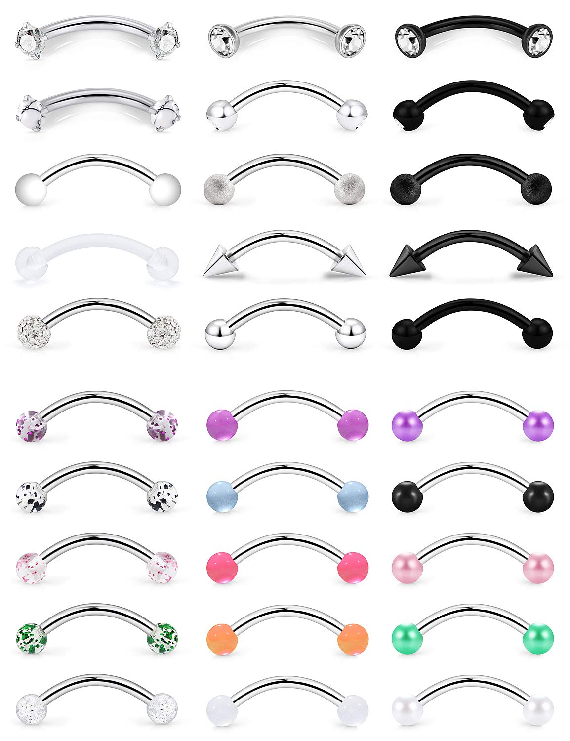 SCERRING 16G Rook Earrings Eyebrow Rings Tragus Helix Daith Cartilage Earrings Lip Ring Barbell Body Piercing Jewelry Retainer 6mm 30PCS Mix Color