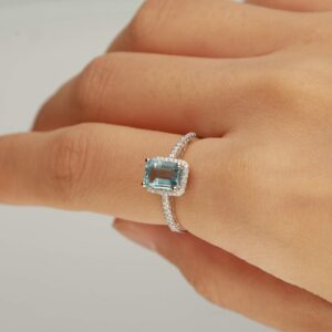 Gin & Grace 10K White Gold Genuine Aquamarine Ring with Diamonds for Women | Ethically, authentically & organically sourced (Emerald-Cut) Shaped Aquamarine Hand-Crafted Jewelry for her.