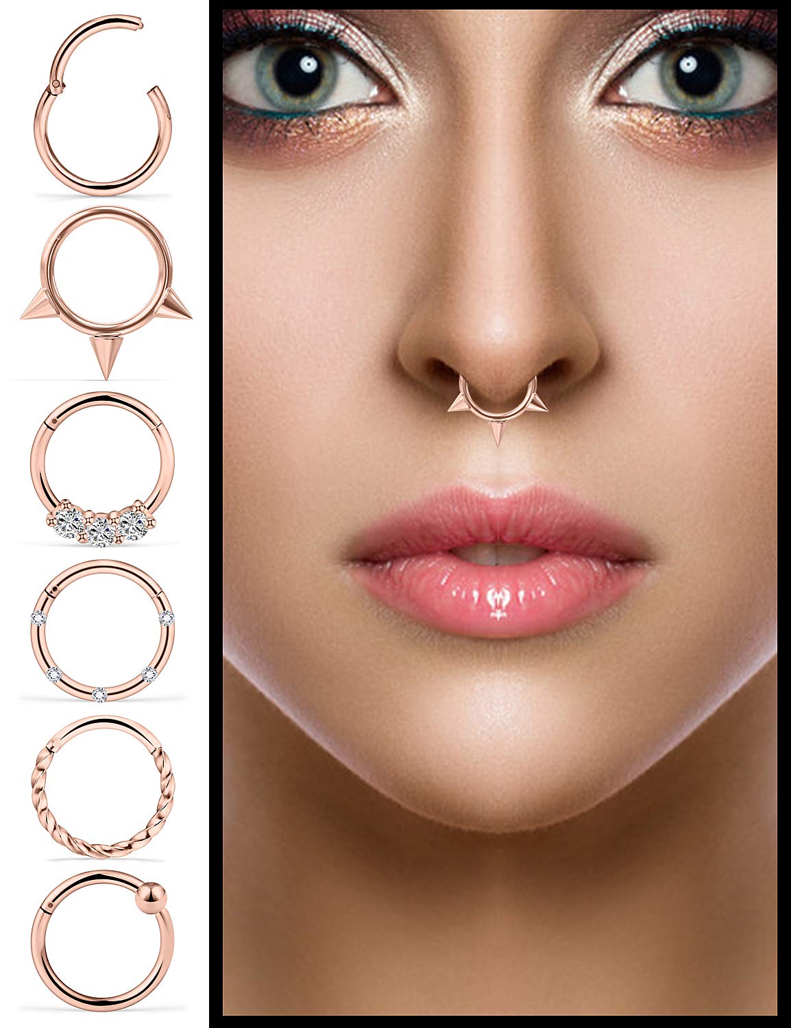 SCERRING 6PCS 16G Stainless Steel Hinged Clicker Segment Septum Nose Lip Ring Hoop Cartilage Tragus Sleeper Earrings Body Piercing Jewelry Braided 10mm Rose Gold