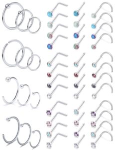 scerring 48pcs 22 gauge nose rings hoop stainless steel bone l shaped screw 2mm opal cz nose studs cartilage daith tragus ear piercing ring hoop body jewelry set