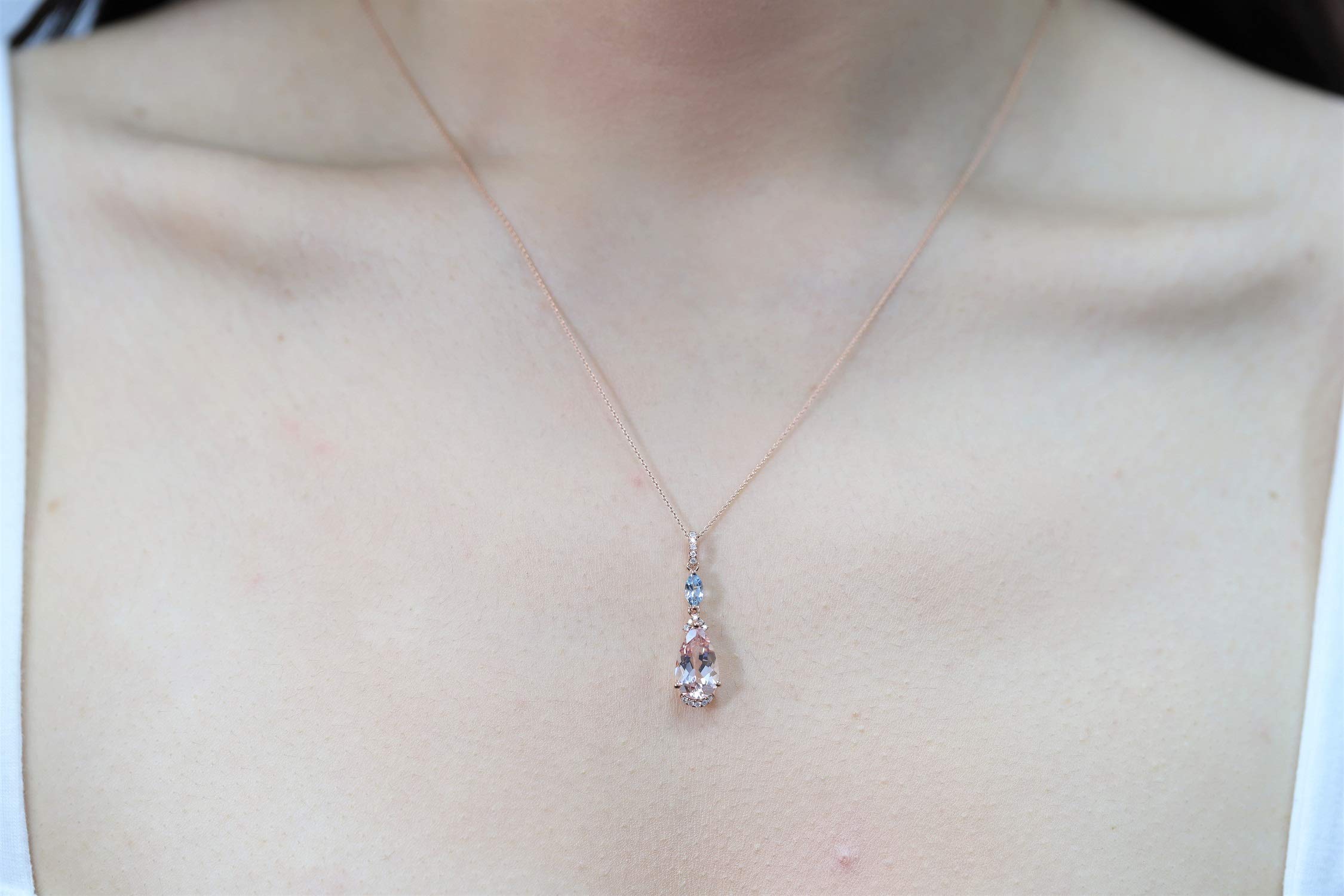 Gin & Grace 10K Rose Gold Genuine Morganite, Genuine Aquamarine with Natural Diamond (I1,I2) Pendant Necklace for Women