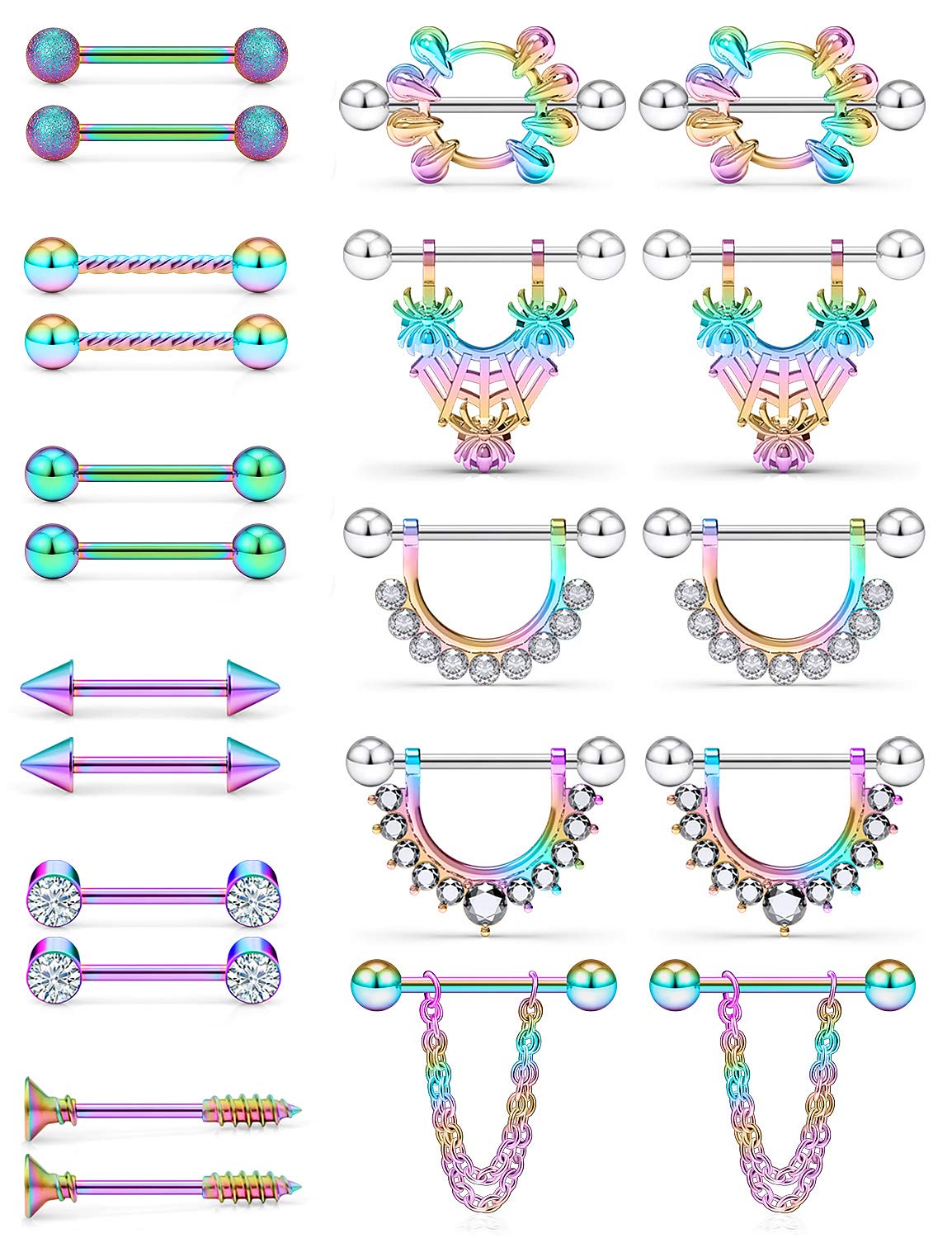 SCERRING 14G Nipple Rings Stainless Steel Nipplerings CZ Tongue Shield Barbell Rings Retainer Body Piercing Jewelry for Women 9/16Inch 11 Pairs Rainbow