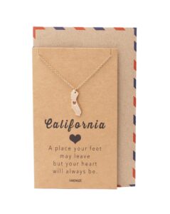 quan jewelry california state necklace, handmade california map pendant charm, inspirational necklace with greeting card (rose gold tone)