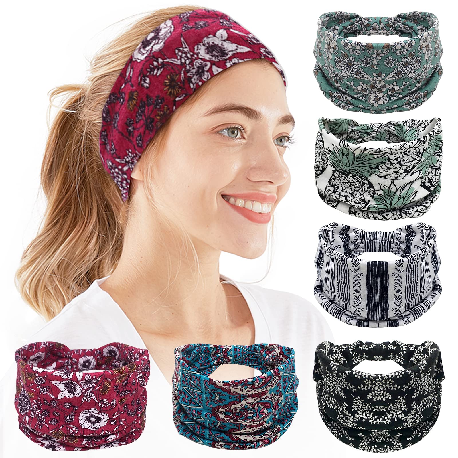 OFFTESTY Headbands For Women, 6 PCS Wide Boho Headbands Elastic Bandana Non Slip Sweat Fashion Large Headwraps Hair Bands Headwear fit All Head Sizes for Workout,Sports,Running,Yoga