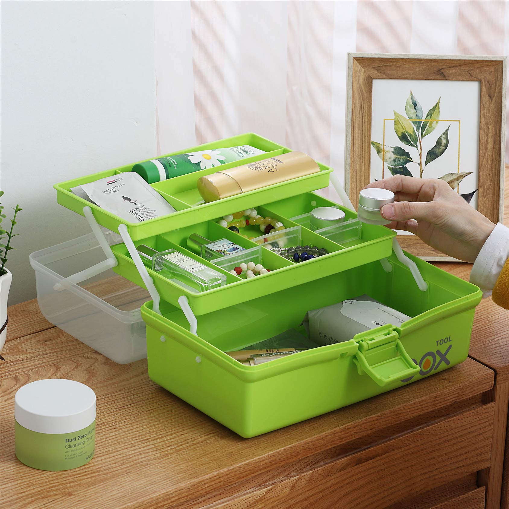 Kinsorcai 12'' Three-Layer Clear Plastic Storage Box/Tool Box, Multipurpose Organizer and Portable Handled Storage Case for Art Craft and Cosmetic (Green)