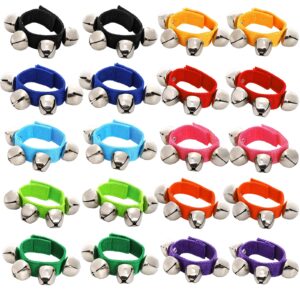 Foraineam 20 PCS 10 Colors Wrist Bells Bracelets Ankle Jingle Bell Band Party Favors Wristband Musical Tambourine Rhythm Percussion Instrument