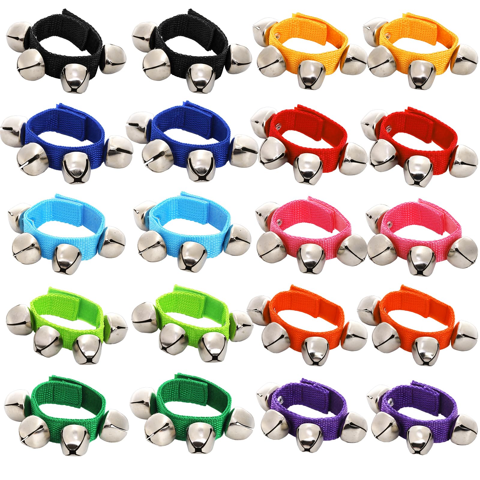 Foraineam 20 PCS 10 Colors Wrist Bells Bracelets Ankle Jingle Bell Band Party Favors Wristband Musical Tambourine Rhythm Percussion Instrument