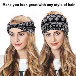 OFFTESTY Headbands For Women, 6 PCS Wide Boho Headbands Elastic Bandana Non Slip Sweat Fashion Large Headwraps Hair Bands Headwear fit All Head Sizes for Workout,Sports,Running,Yoga