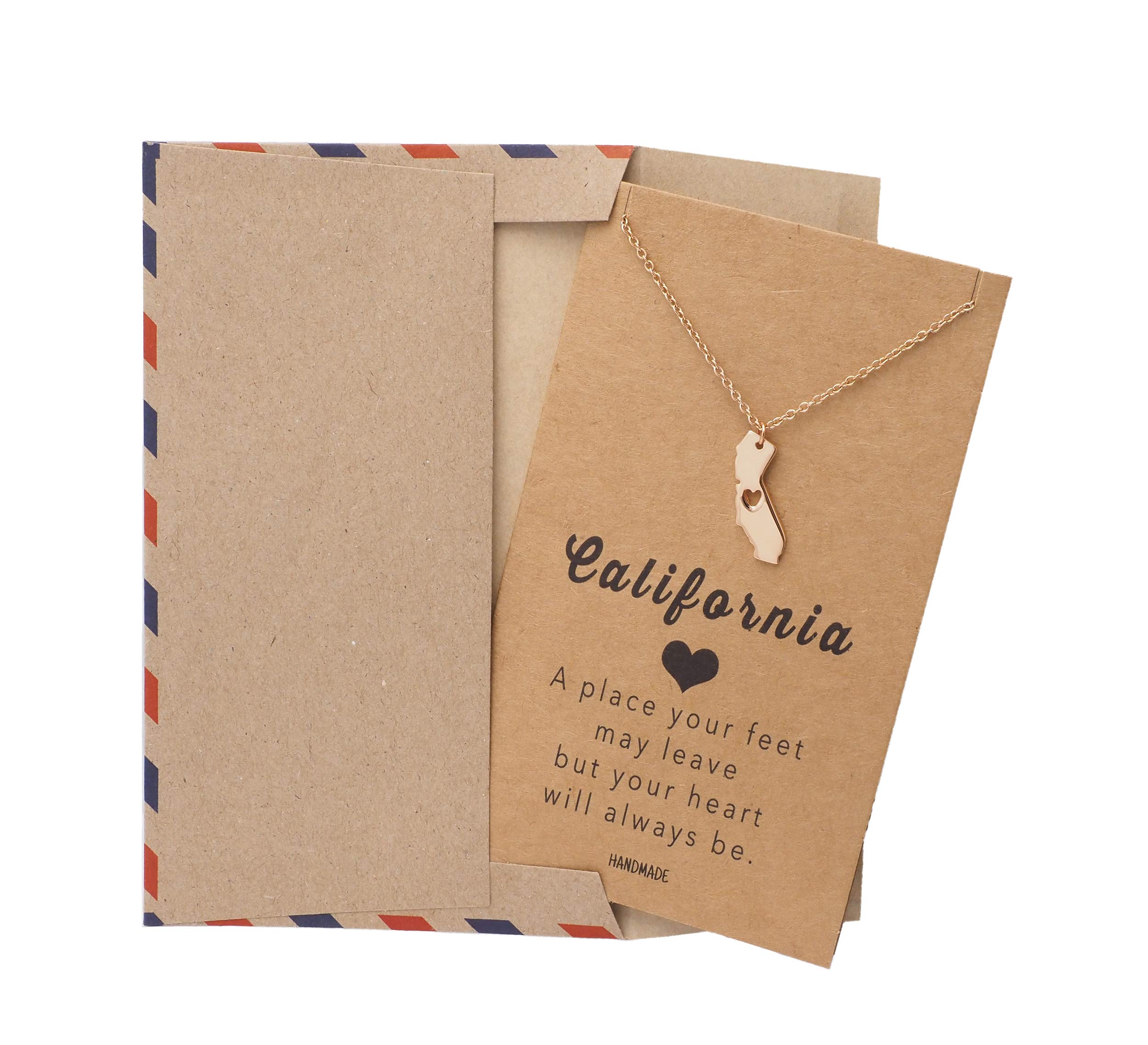 quan jewelry California State Necklace, Handmade California Map Pendant Charm, Inspirational Necklace with Greeting Card (Rose Gold Tone)