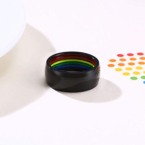 HIJONES Men's Women's Black Stainless Steel Simple 8MM Rainbow Enamel Gay Pride Love Domed Rings Size 10