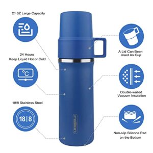 Insulated Water Bottle with Cup, 21 OZ Stainless Steel Water Bottle, Coffee Insulated Bottle with Handle, Double-Walled Thermal Water Bottle for Hot Drinks & Cold Drinks, Blue