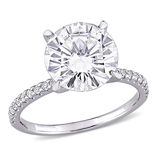 Abbie+Cleo Women's Round Statement Moissanite Ring - White Gold Ring for Women - Anillo de Mujer - Engagement Ring - 10K White Gold Ring (size 7)