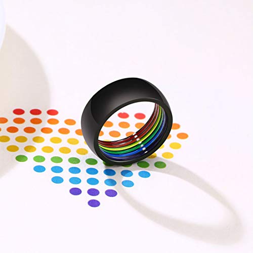 HIJONES Men's Women's Black Stainless Steel Simple 8MM Rainbow Enamel Gay Pride Love Domed Rings Size 10