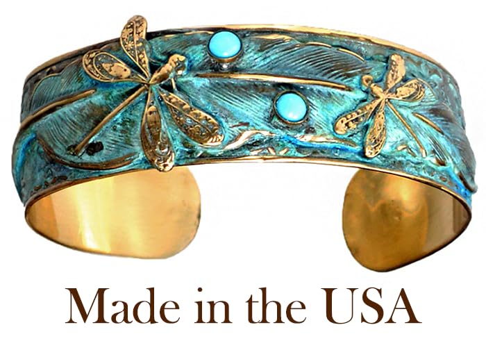 Elaine Coyne Collectible Artwear-Dragonfly Bracelet for Women, Verdigris Patina Brass Cuff Bracelet, Dragonflies on Feather Cuff, Handmade Bracelets, Wide Cuff with Turquoise Stone Bracelet - USA Made