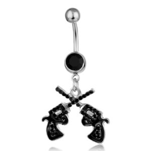 Kinsing Black Glitter Gun Dangle Belly Button Ring 14G Navel Rings 316L Surgical Steel CZ Belly Piercing Jewelry (Gun Skull)