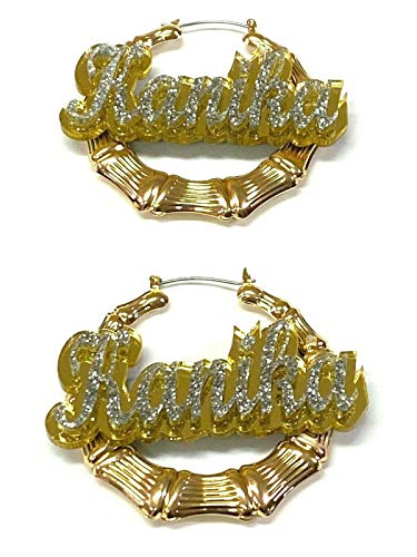 Personalized Custom Gold Hoop Bamboo Earrings Name Plate Laser Cut Design Stunning Look - Quality, Attractive Gold Bamboo Earrings, Made To Order 1.5-3.5 INCHES sizes