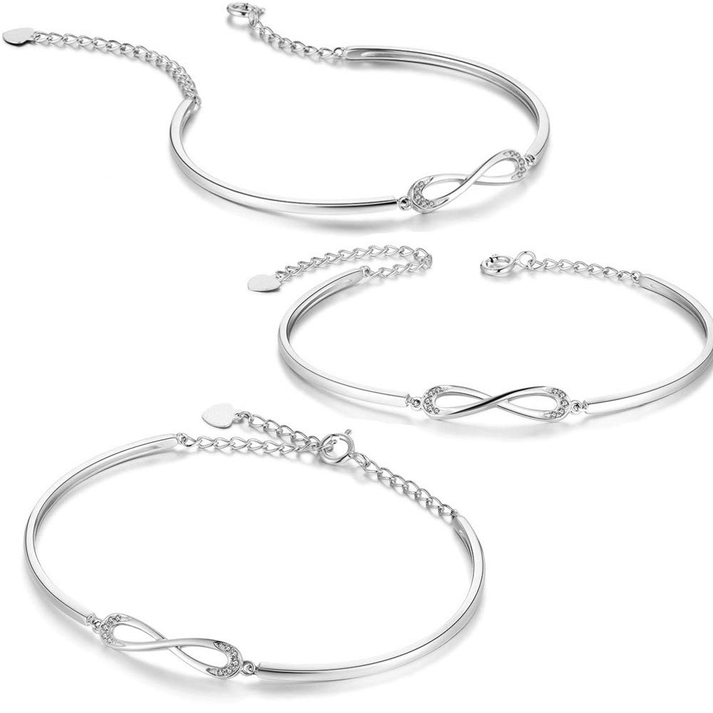 FANCIME White Gold Plated 925 Sterling Silver Simple Minimalist Infinity Symbol Bangle With Cubic Zirconia CZ Forever Dainty Tennis Bracelet For Women, Size Adjustable