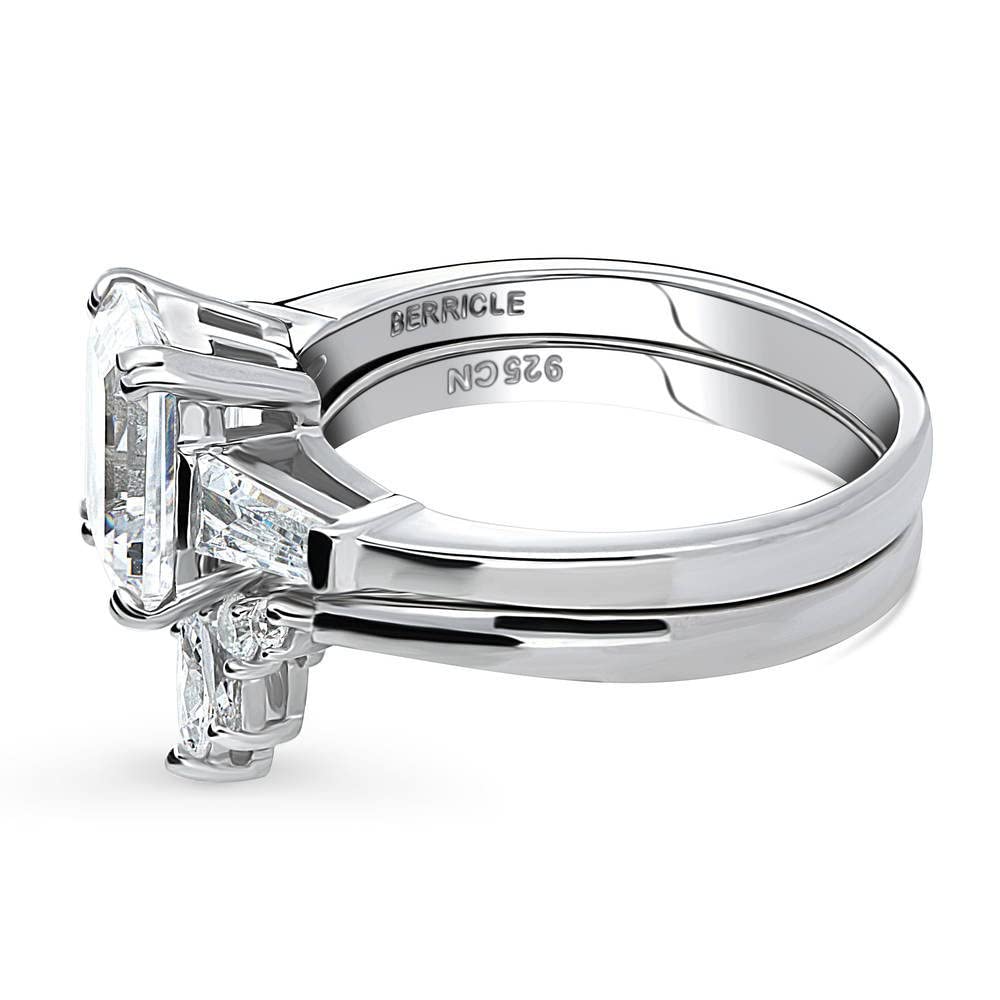 BERRICLE Sterling Silver 3-Stone Wedding Engagement Rings Emerald Cut Cubic Zirconia CZ 7-Stone Ring Set for Women, Rhodium Plated Size 6