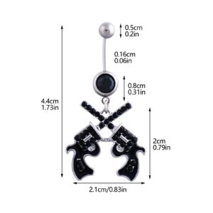 Kinsing Black Glitter Gun Dangle Belly Button Ring 14G Navel Rings 316L Surgical Steel CZ Belly Piercing Jewelry (Gun Skull)