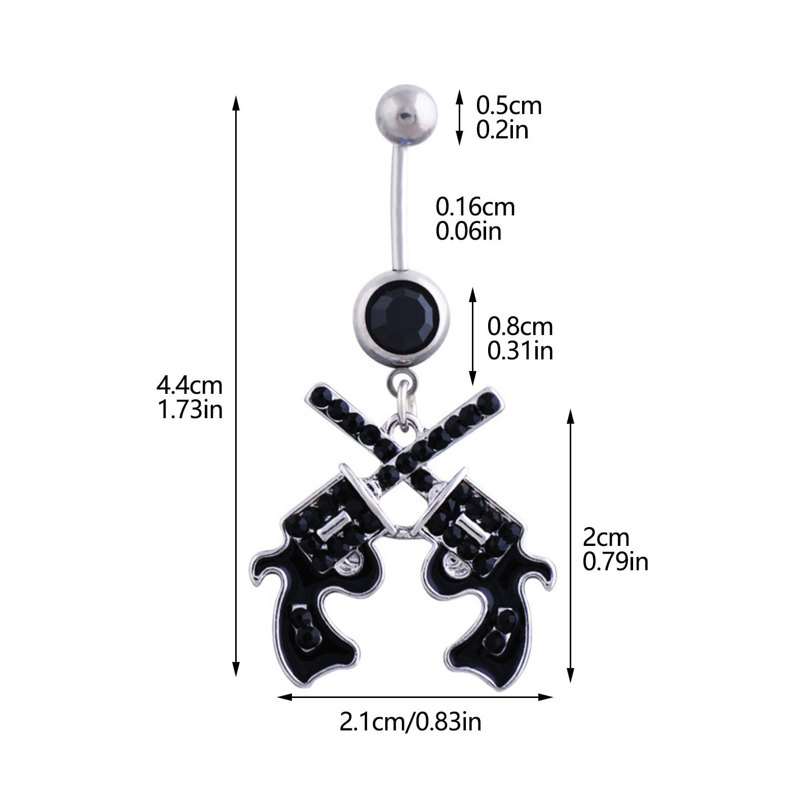 Kinsing Black Glitter Gun Dangle Belly Button Ring 14G Navel Rings 316L Surgical Steel CZ Belly Piercing Jewelry (Gun Skull)