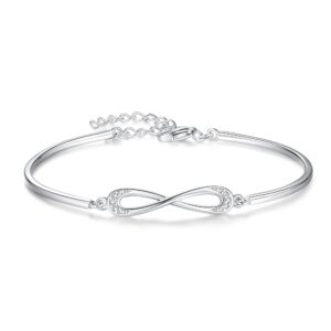 FANCIME White Gold Plated 925 Sterling Silver Simple Minimalist Infinity Symbol Bangle With Cubic Zirconia CZ Forever Dainty Tennis Bracelet For Women, Size Adjustable