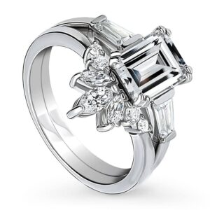 berricle sterling silver 3-stone wedding engagement rings emerald cut cubic zirconia cz 7-stone ring set for women, rhodium plated size 6