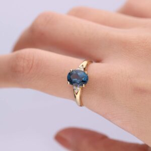 Gin & Grace 10K Yellow Gold Genuine London Blue Topaz Ring with Diamonds for Women | Ethically, authentically & organically sourced (Oval-Cut) Shaped London Blue Topaz Hand-Crafted Jewelry for her