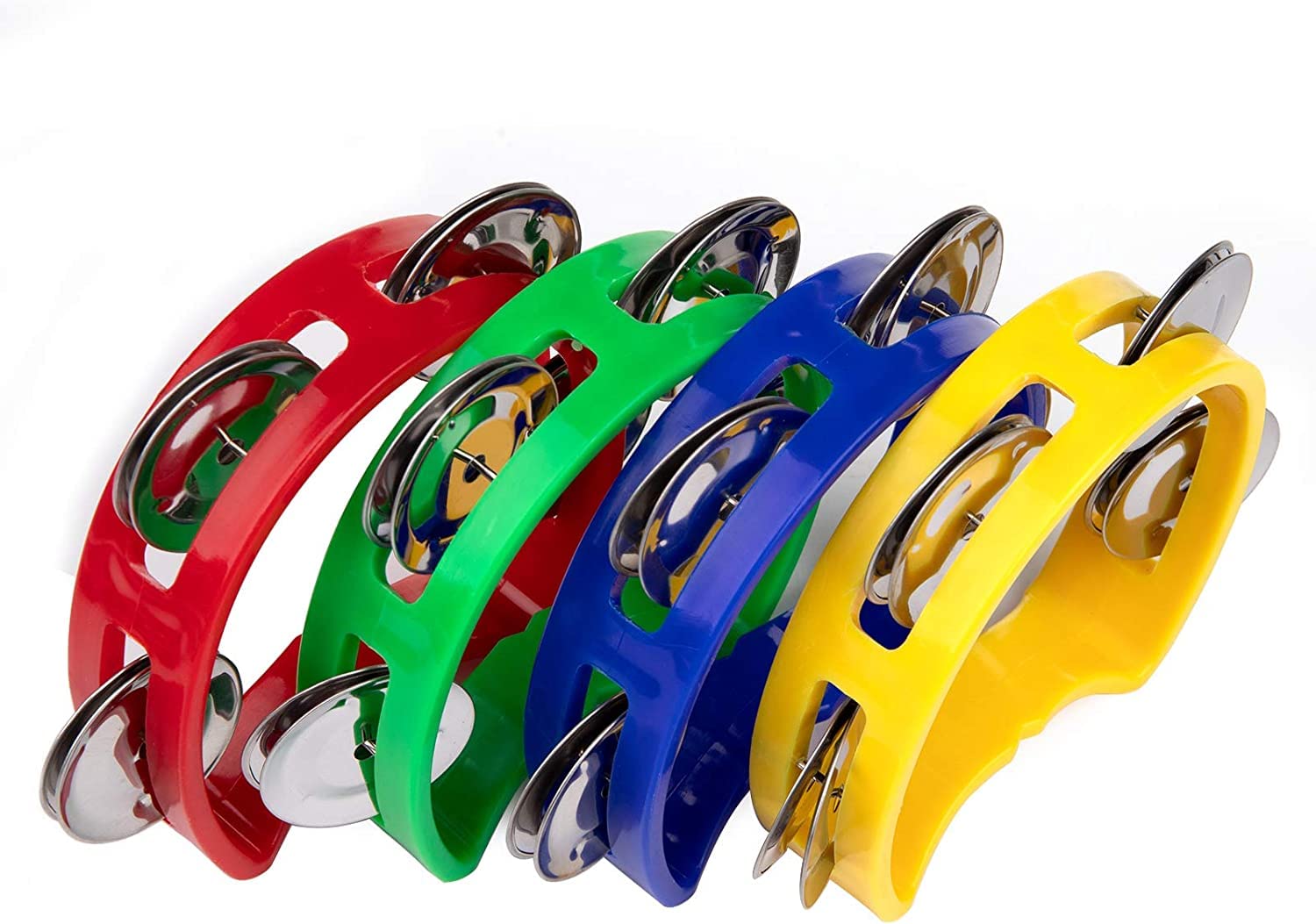 Foraineam 8 Pack Plastic Tambourines Handheld Tambourine Bells Musical Hand Percussion Jingles Music Instrument