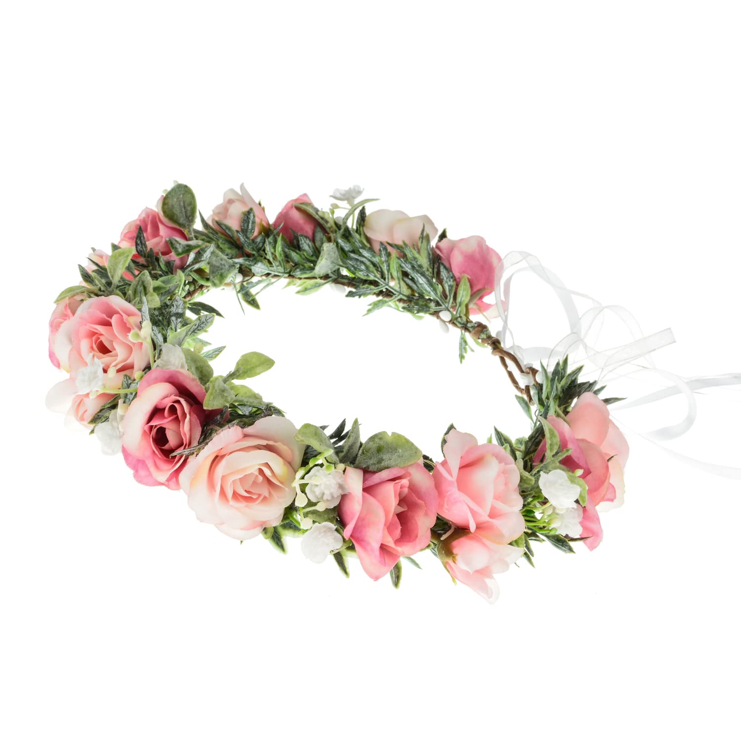 Funsveta Floral Headpiece Garland Halo Maternity Photo Shoot Flower Crown Eucalyptus Leave Headband Wedding Headpiece (Green Leaf and Pink)