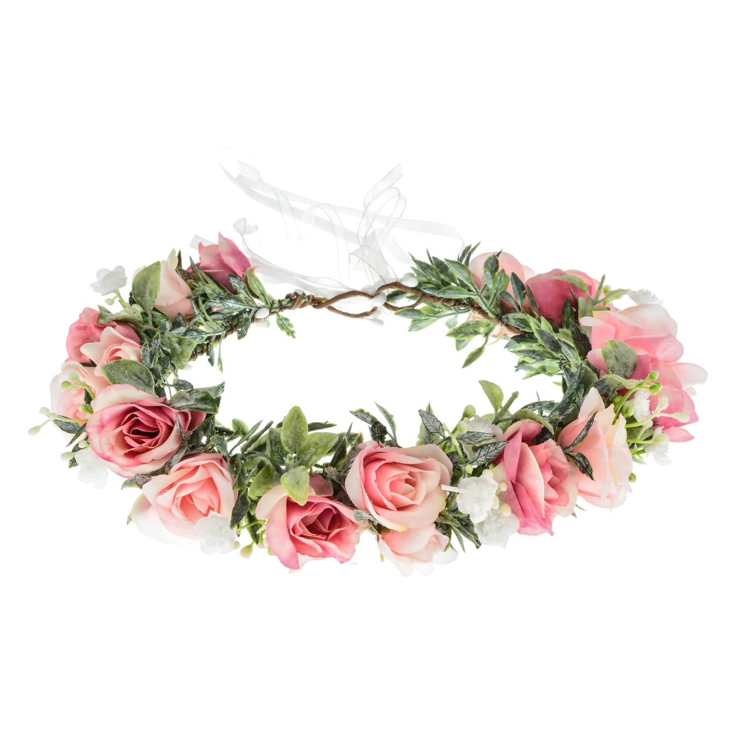 Funsveta Floral Headpiece Garland Halo Maternity Photo Shoot Flower Crown Eucalyptus Leave Headband Wedding Headpiece (Green Leaf and Pink)