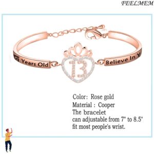 FEELMEM Birthday Gifts Bracelet 12th 13th 16th 18th 30th 40th Crown Queen Charm Bracelet Birthday Gift for Daughter Niece (13th-Rose gold)