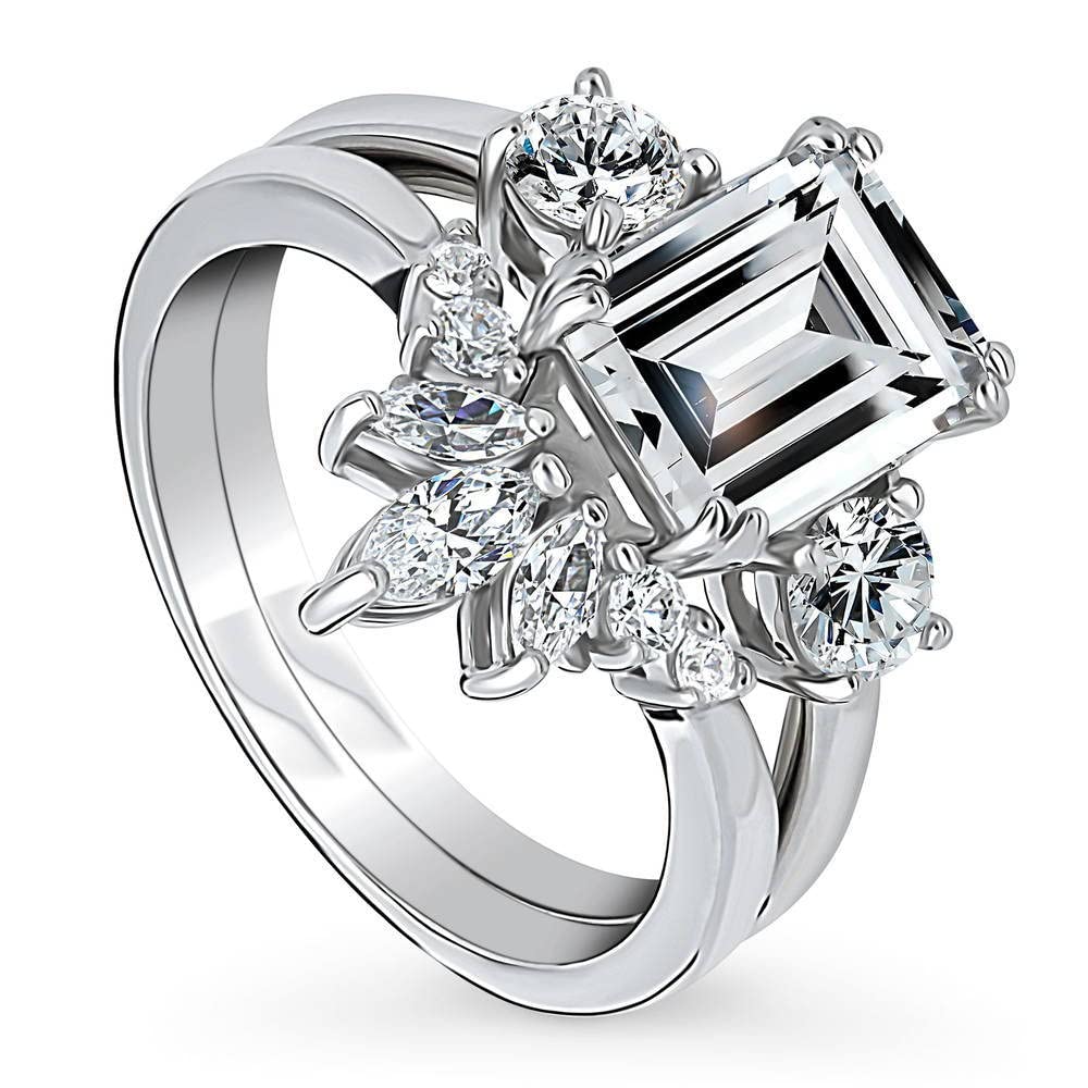 BERRICLE Sterling Silver 3-Stone Wedding Engagement Rings Emerald Cut Cubic Zirconia CZ 7-Stone Ring Set for Women, Rhodium Plated Size 8