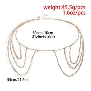 Dresbe Boho Layered Shoulder Chain Gold Rhinestone Body Chains Party Body Jewelry Accessories for Women and Girls