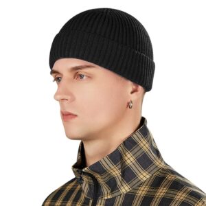 vidsel Short Fisherman Beanie for Men Women, Swag Wool Knit Cuff Trawler Skullcap,Winter Warm Hats Black