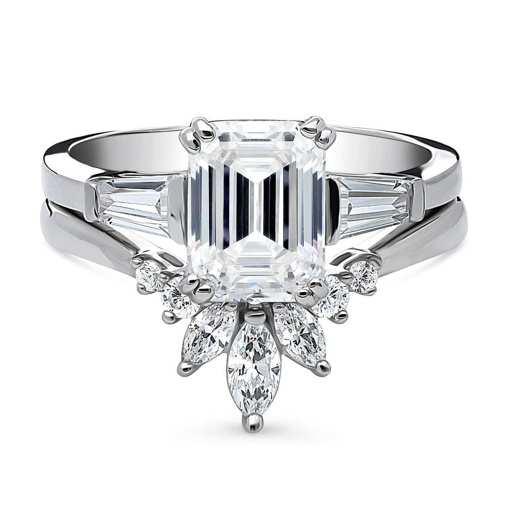 BERRICLE Sterling Silver 3-Stone Wedding Engagement Rings Emerald Cut Cubic Zirconia CZ 7-Stone Ring Set for Women, Rhodium Plated Size 6