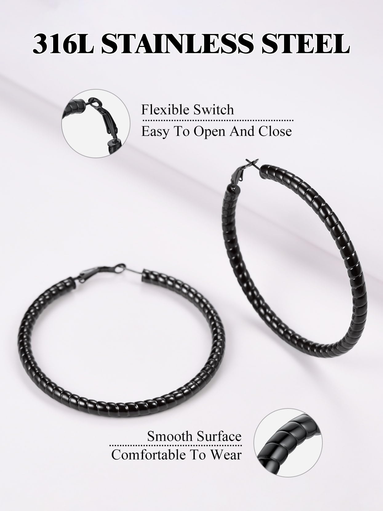 Black Earrings for Women Large Hoop Sensitive Ears Lightweight Chunky Hoops Everyday Jewelry 70mm