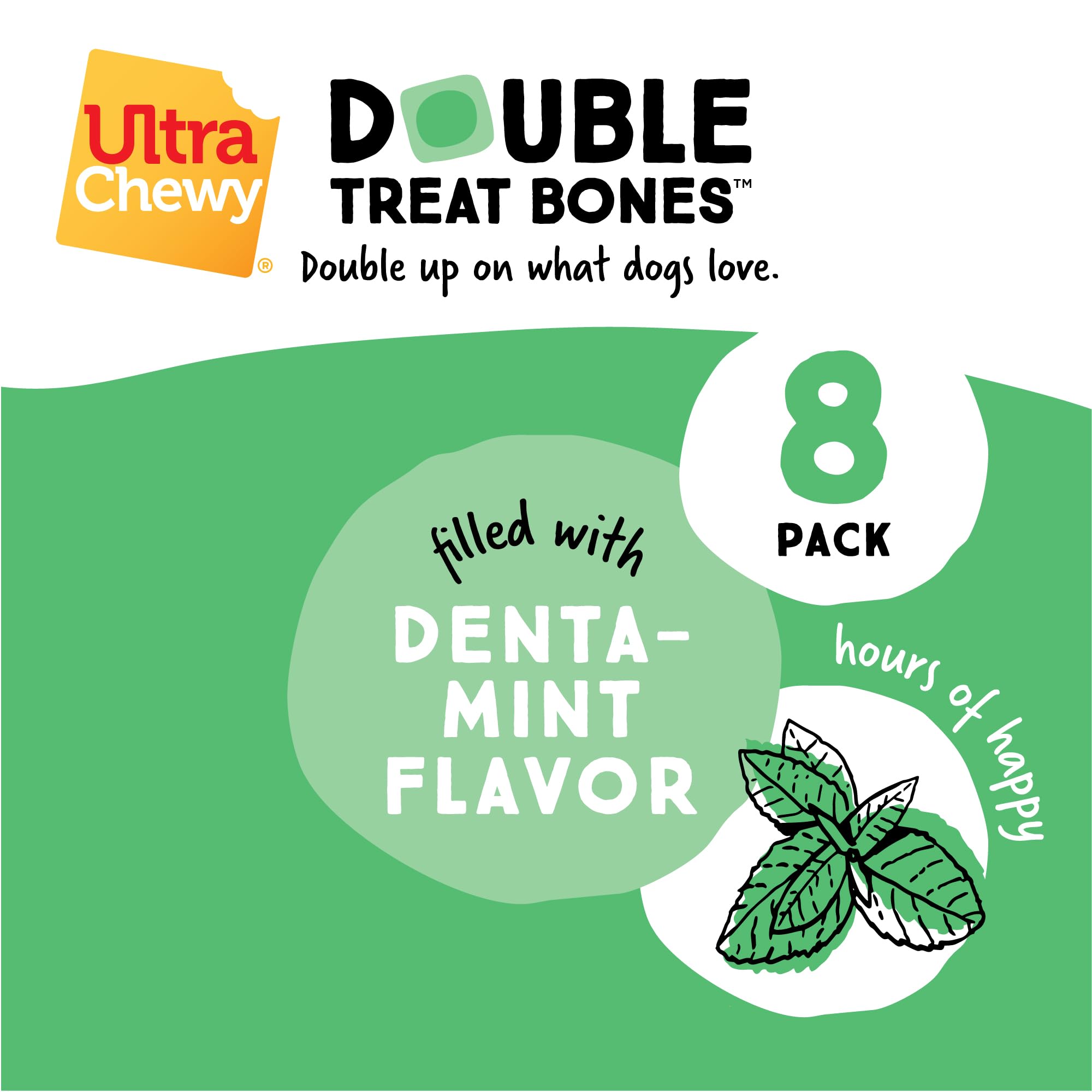 Ultra Chewy Denta-Mint Double Treat Bones: Long-Lasting Dog Treats Made in USA for Large and Small Breeds, Highly Digestible, Ideal for Aggressive Chewers (24 Count)