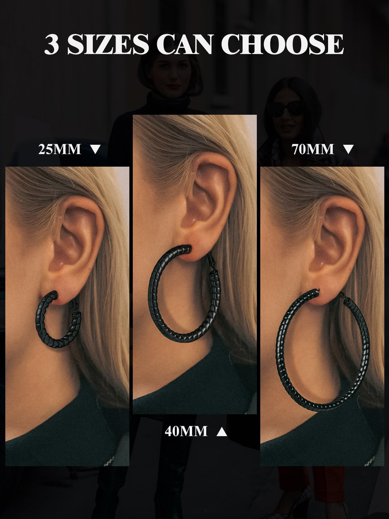 Black Earrings for Women Large Hoop Sensitive Ears Lightweight Chunky Hoops Everyday Jewelry 70mm