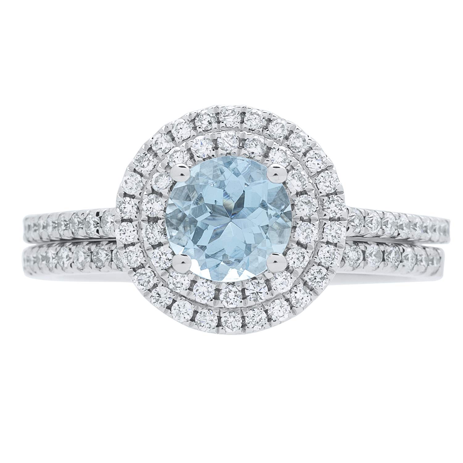 Gin & Grace 14K White Gold Blue Natural Diamond & Genuine Aquamarine Halo Style Engagement Propose Promise Ring for Women