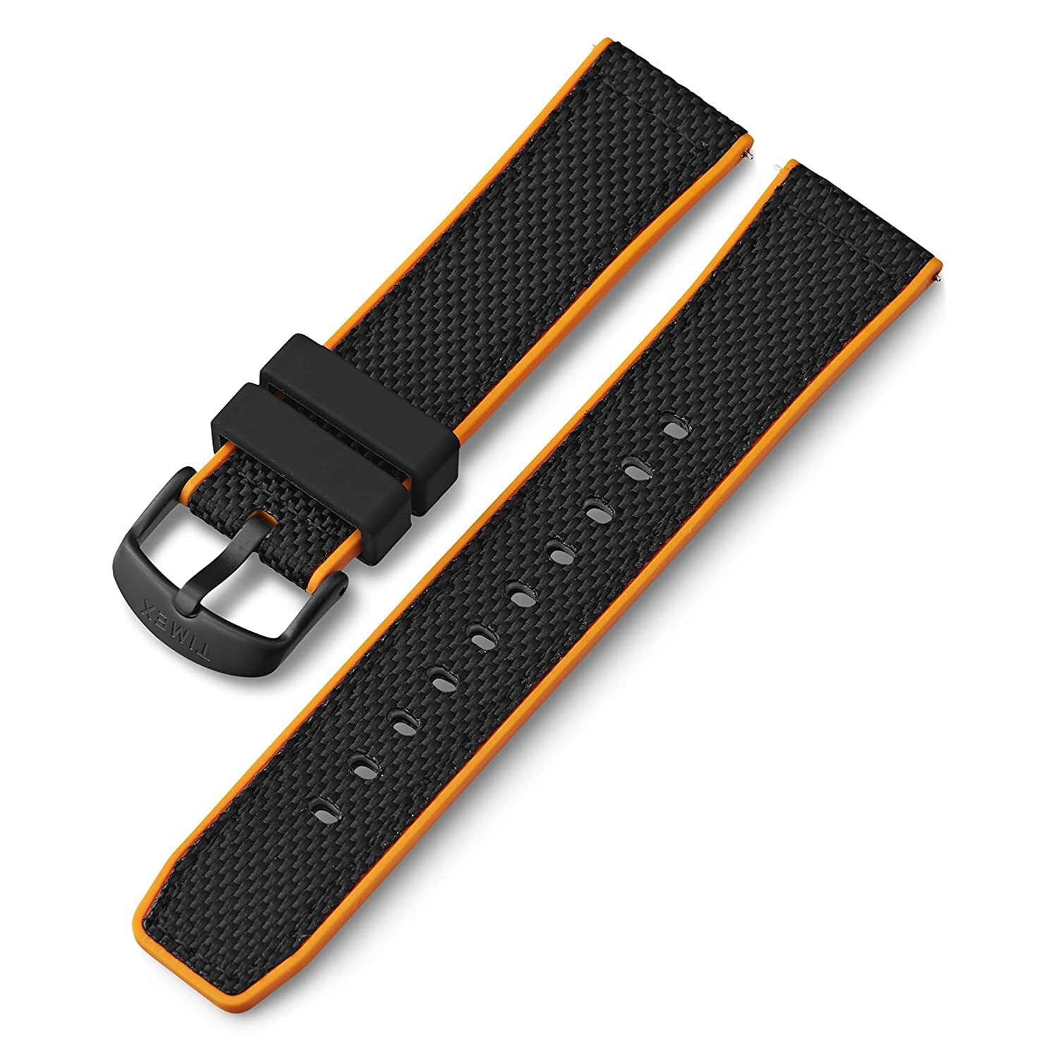 Timex 22mm Silicone Quick-Release Strap – Black & Orange Accents with Black Buckle