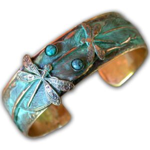 Elaine Coyne Collectible Artwear-Dragonfly Bracelet for Women, Verdigris Patina Brass Cuff Bracelet, Dragonflies on Feather Cuff, Handmade Bracelets, Wide Cuff with Turquoise Stone Bracelet - USA Made