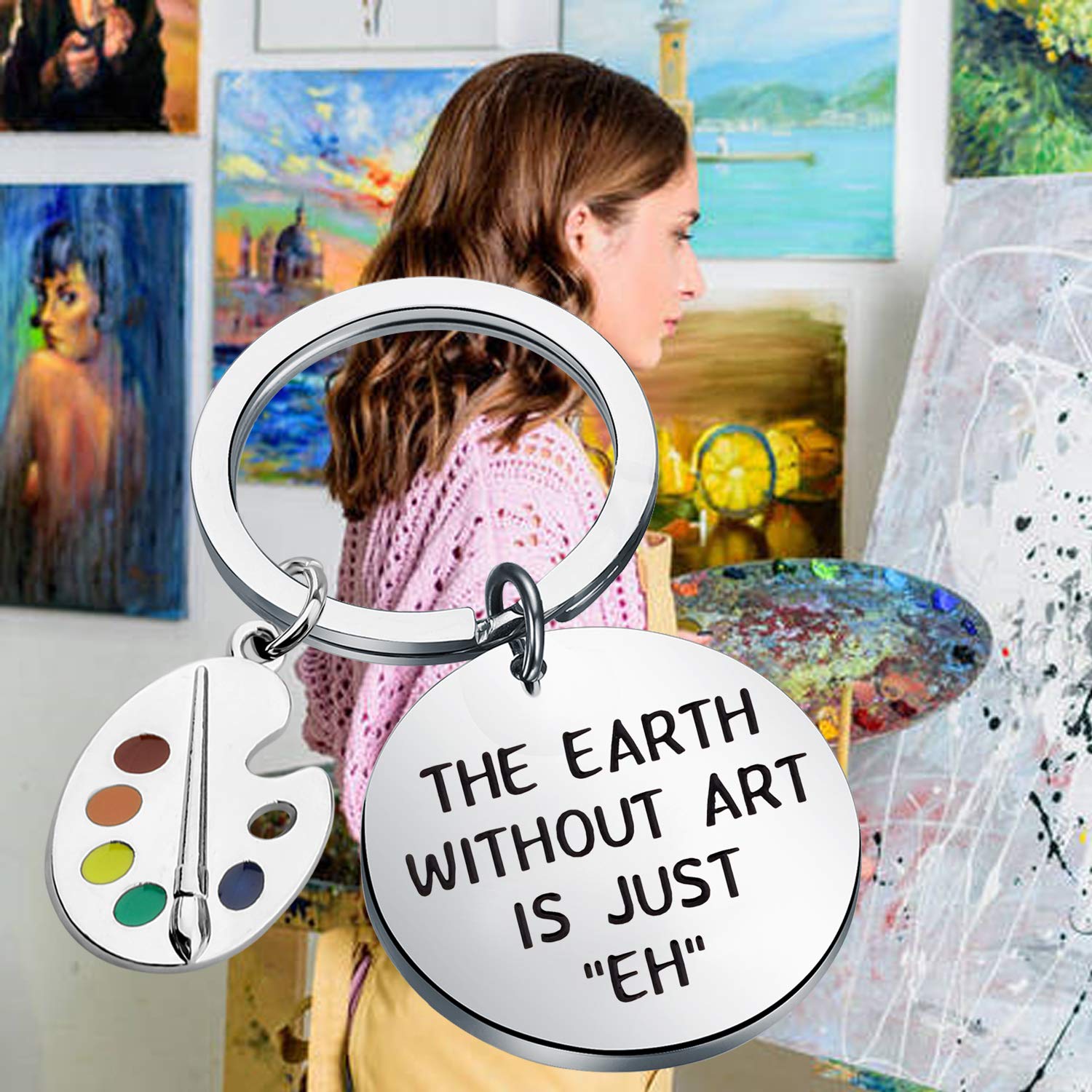 FEELMEM Artist Paint Palette and Brush Charm Pendant Keychain Earth Without Art is Just EH Painters Jewelry Artist Gift Art Student Art Teacher Gifts (The earth)